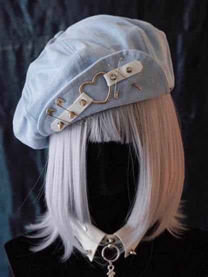 Handmade Light Blue Studs and Pins Denim Beret