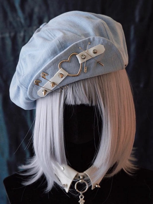 Handmade Light Blue Studs and Pins Denim Beret