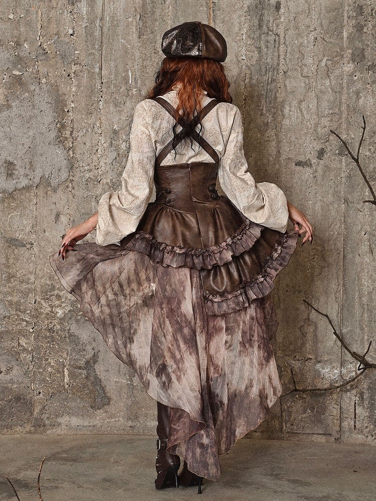 Brown Western Style Steampunk Asymmetrical PU Overall Dress with Detachable Train