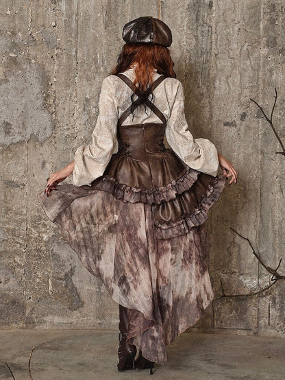 Brown Western Style Steampunk Asymmetrical PU Overall Dress with Detachable Train