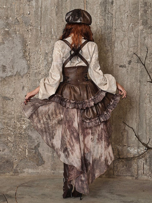 Brown Western Style Steampunk Asymmetrical PU Overall Dress with Detachable Train