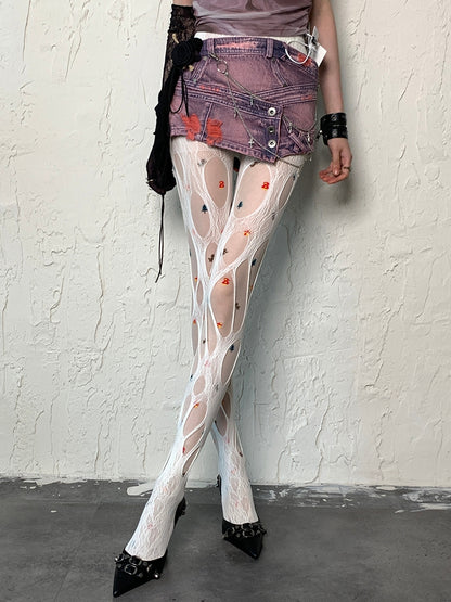 White Y2K Christmas Print Design Tights