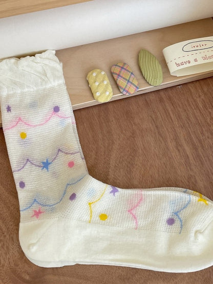 White/Beige Hollow-out Calf Socks With Star And Polka-dot Pattern