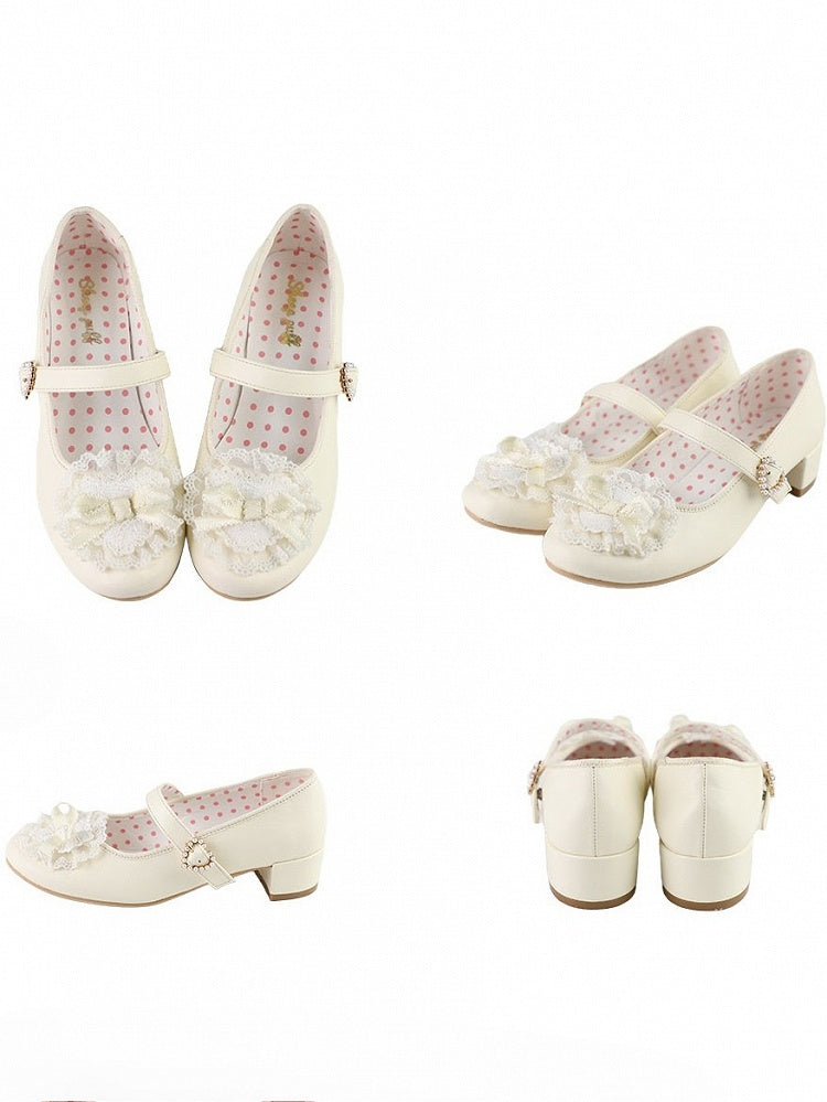 Yellow Bow at Top Lace Trim Beaded Heart Buckles Lolita Shoes