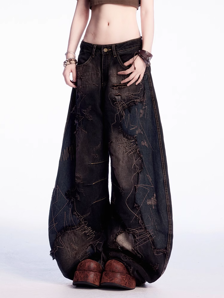 Black Low Rise Distressed Holes Raw Hem Wide-leg Jeans