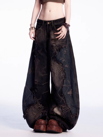 Black Low Rise Distressed Holes Raw Hem Wide-leg Jeans