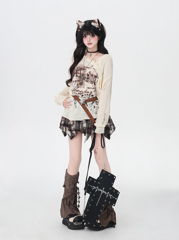 Lace-up Neckline Ink-jet Print Black/Apricot Distressed Holes Knit Coverup