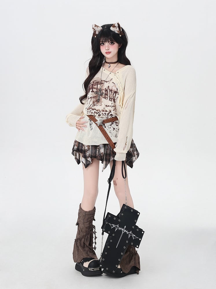 Lace-up Neckline Ink-jet Print Black/Apricot Distressed Holes Knit Coverup