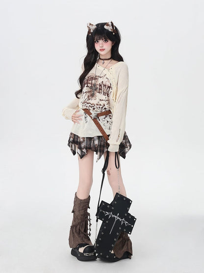 Lace-up Neckline Ink-jet Print Black/Apricot Distressed Holes Knit Coverup