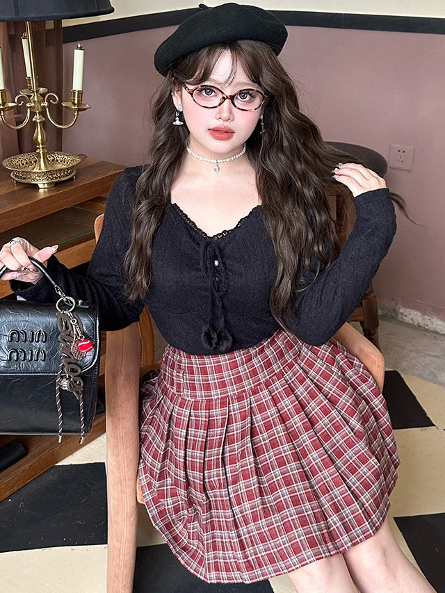 Plus Size Black Pompom Accents V-neck Long Sleeves Lace Top