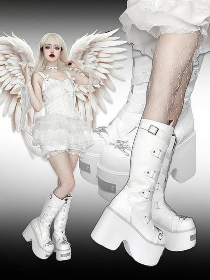 White Crisscross Design Buckle Strap Platform Block Heel Boots