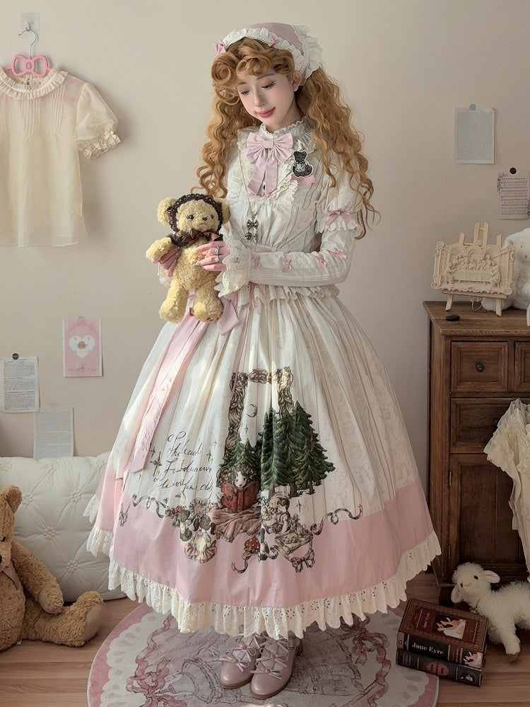 Plus Sizes Available Creamy Short Sleeves Blouse + Little Grils and Toys Print Skirt Set