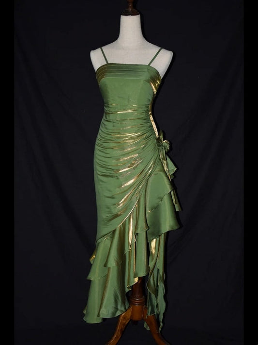 Grass Green Vintage Floral Dress Asymmetrical Hem Prom Gown