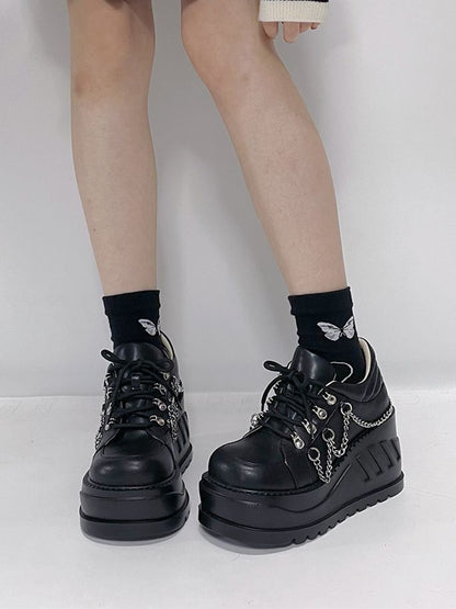 Punk Studs Black Wedge Platforms with Chains