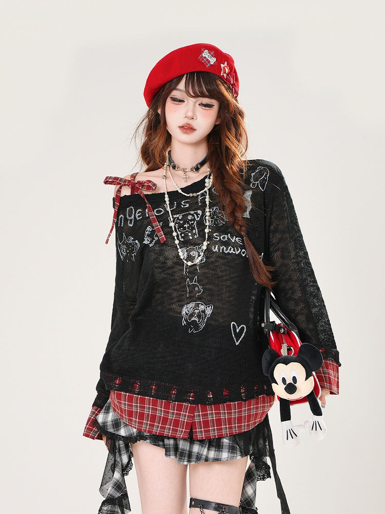 Plaid Hem Asymmetrical Neckline Puppy Print Beige/Black Semi-sheer Coverup