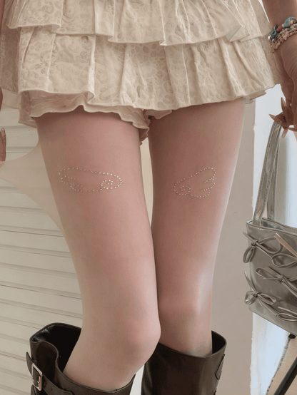 White/Black Shimmering Wings Pattern Semi-Sheer Tights