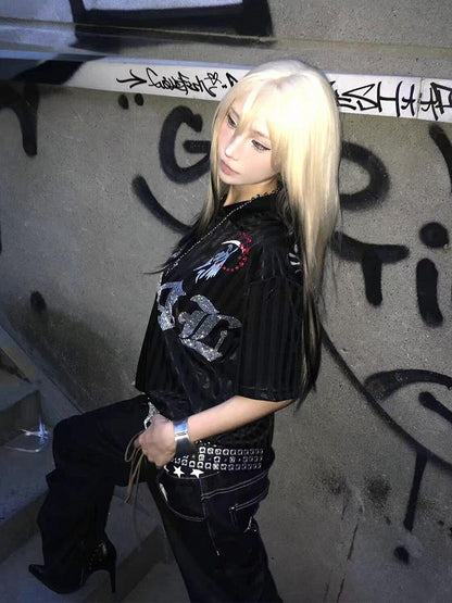 Y2K Black Stripes Polo T-Shirt with Gothic Print