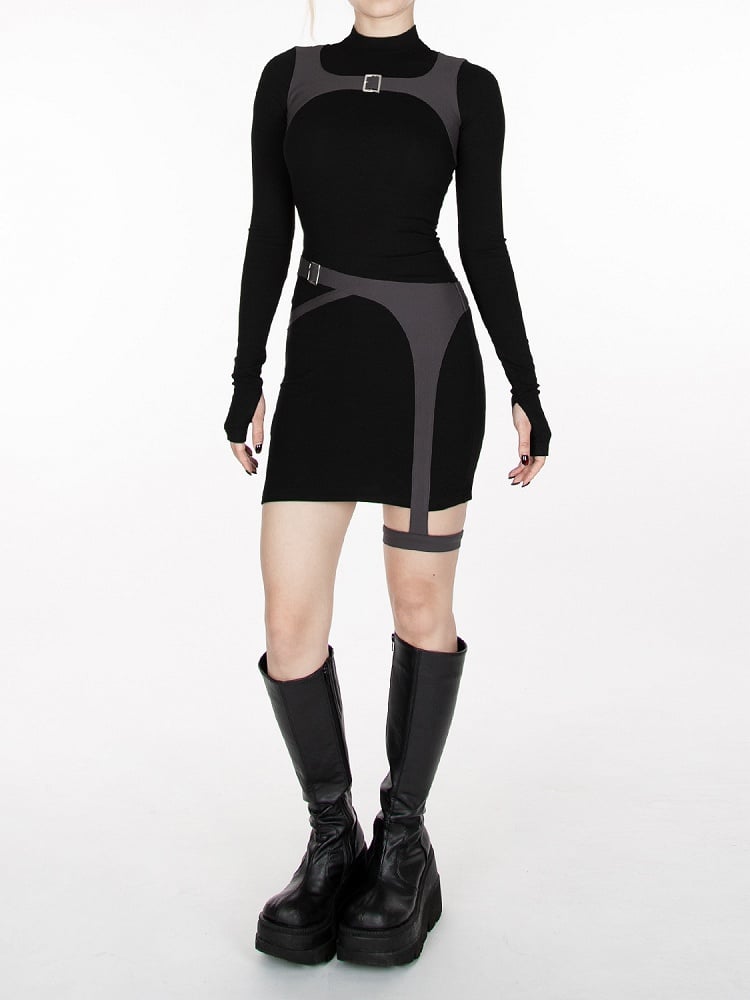 Cyberpunk Futuristic Black & Gray Buckle Strap Dress Waist Belt and Harness All-in-one with Garter