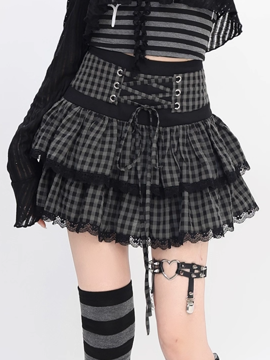 Black and Gray Plaid Lace-up Waist Tiered Skirt