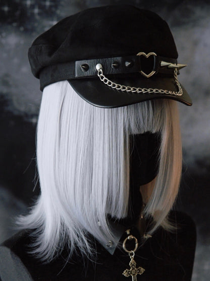 Black Gothic Heart Ring Chain Charm Studs Details Beret Hat