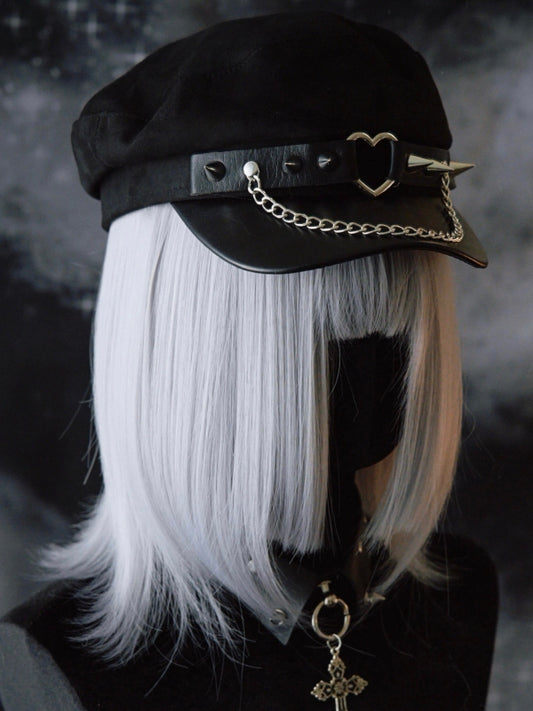 Black Gothic Heart Ring Chain Charm Studs Details Beret Hat