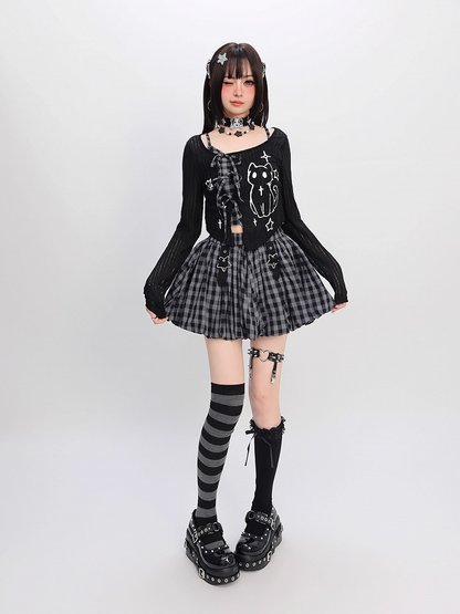 Y2K Red/Gray Plaid Cami Top with Kitten Print Black Coverup Set