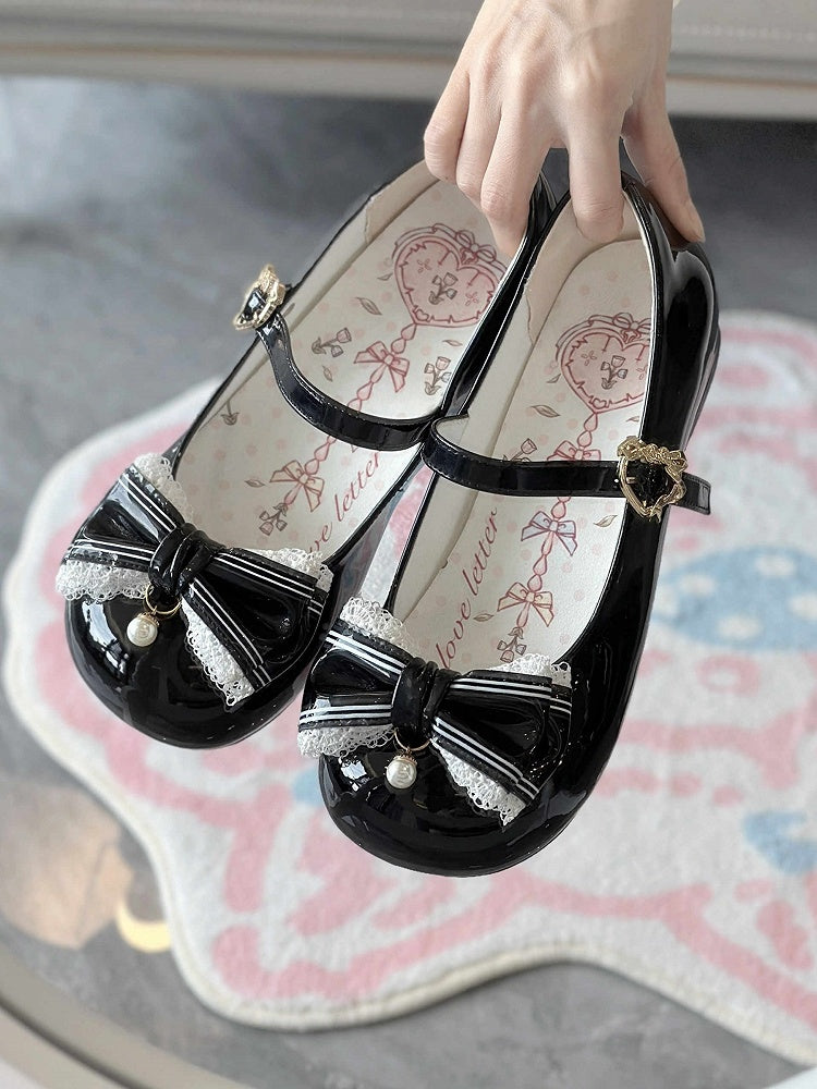 Black Lace Trim and Bead Charm Decorated Bowknot Sweet Lolita Mary Janes
