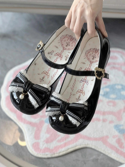 Black Lace Trim and Bead Charm Decorated Bowknot Sweet Lolita Mary Janes