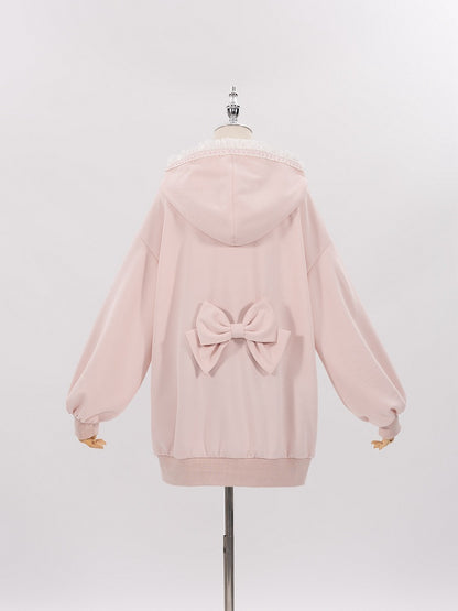 Sakura Pink Jirai Kei Sweet Lace Trim Bows Decorated Hoodie