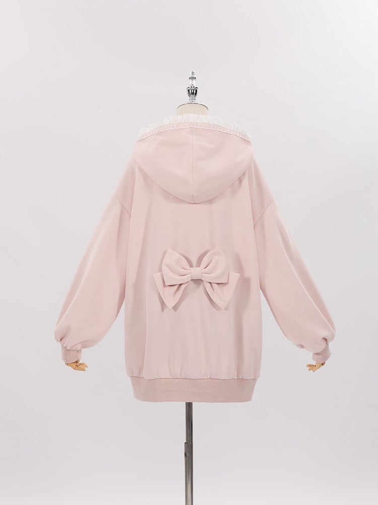Sakura Pink Jirai Kei Sweet Lace Trim Bows Decorated Hoodie