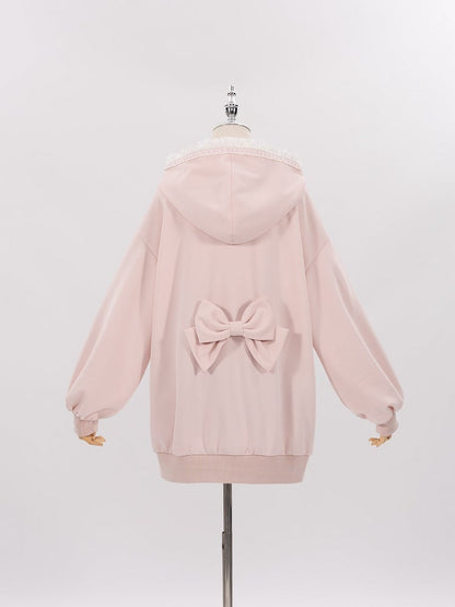 Sakura Pink Jirai Kei Sweet Lace Trim Bows Decorated Hoodie