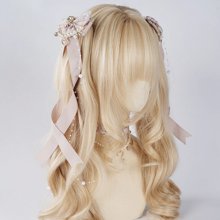 5 Colors Jirai Kei Heart Rhinestone Bow Hairclips with Beaded Chains