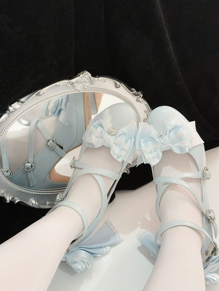 Light Blue Crisscross Design Heart Buckle Bow at Top High Heels