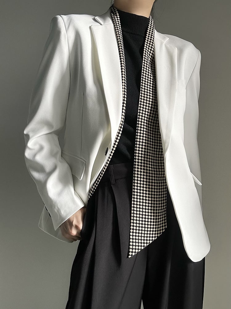 Ouji Lolita White Unisex Blazer with Notched Lapel & Black Buttons Cuffs