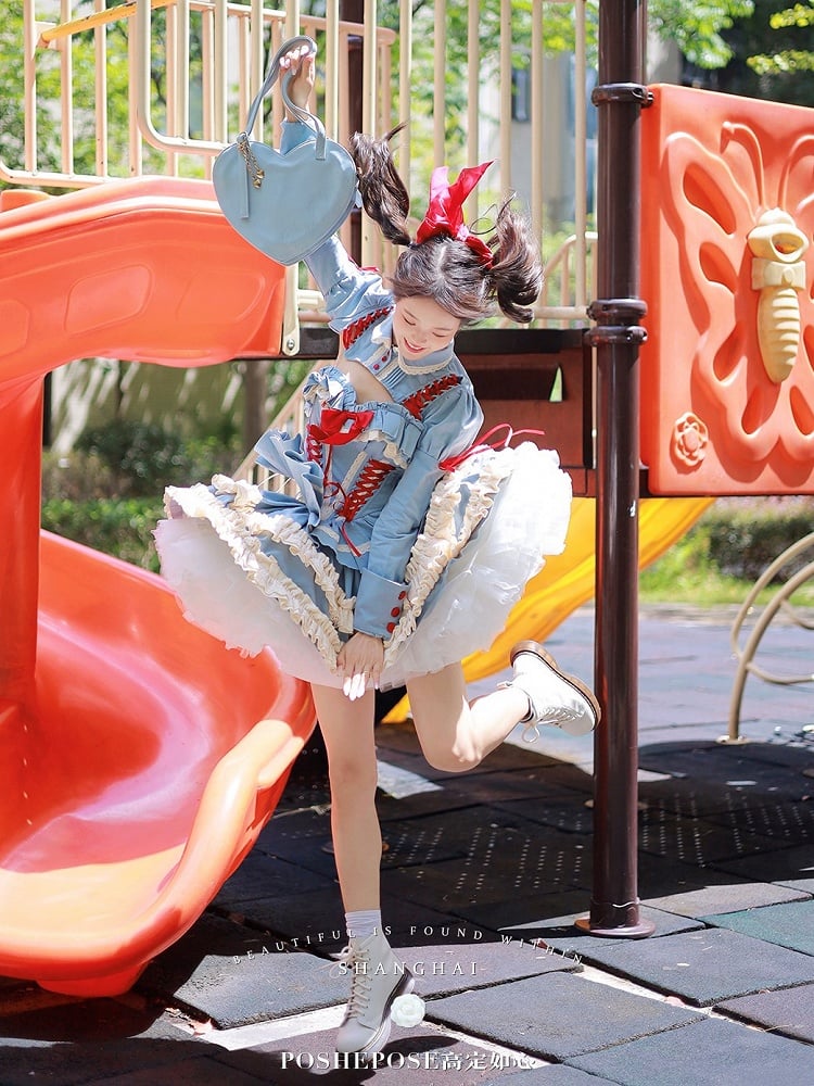 Blue Sweet Lolita Lace-up Boned Corset Top + Skirt + Bolero Full Set