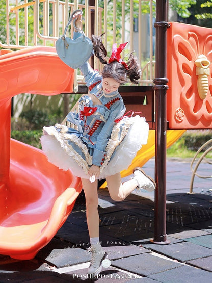 Blue Sweet Lolita Lace-up Boned Corset Top + Skirt + Bolero Full Set