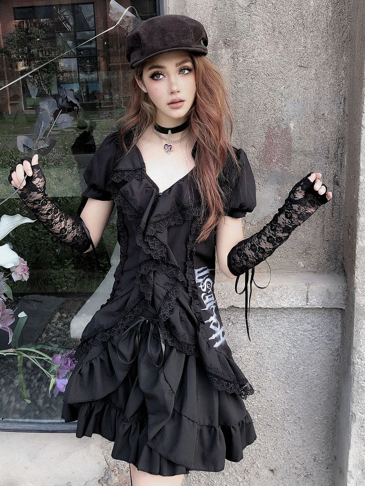 Lace-up Detail Gothic Black High Waist Skirt
