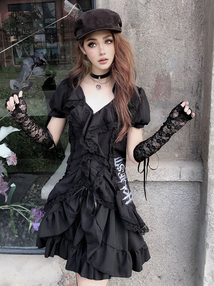 Lace-up Detail Gothic Black High Waist Skirt