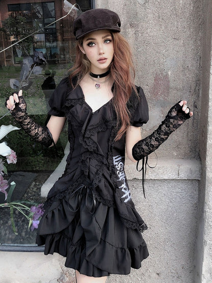 Lace-up Detail Gothic Black High Waist Skirt