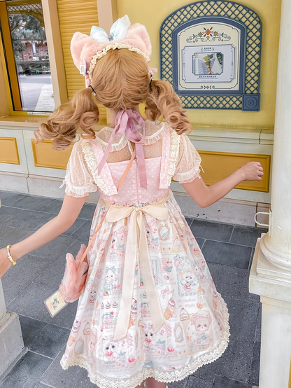 Pink Flutter Sleeves Kitten and Cake Print Sweet Lolita Dress Jumper Skirt