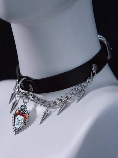 Gothic Heart Pendant Black and Silver PU Choker with Studs and Chains