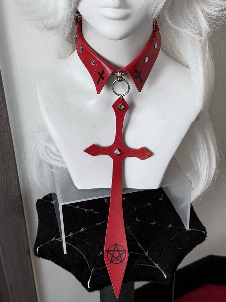 Punk Black/Red Pentacle Cross Charm Studded Necktie