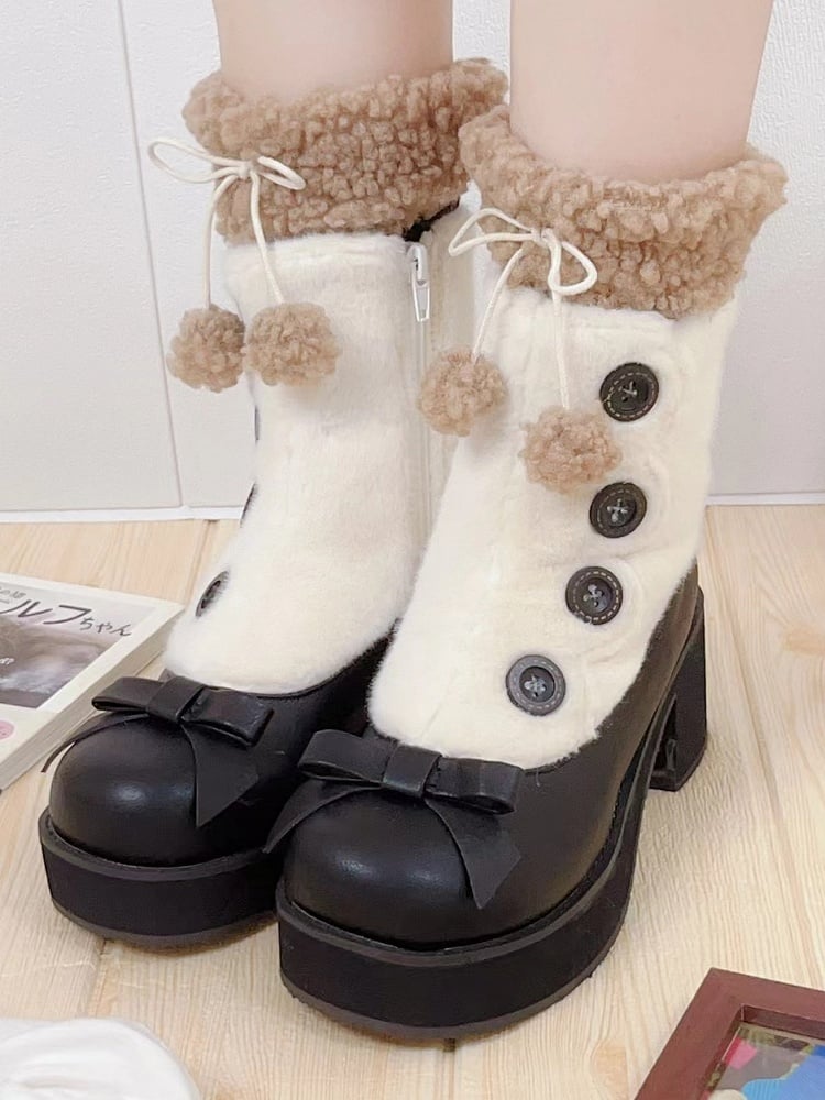 Fleece Lining with Button Embellishments & Functional Inner Zip Design 4cm/6cm Black & White Winter Boots in Elegant Lolita
