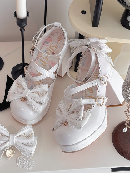 White Crisscross Design Heart Buckles Detachable Bow at Top High Block Heels