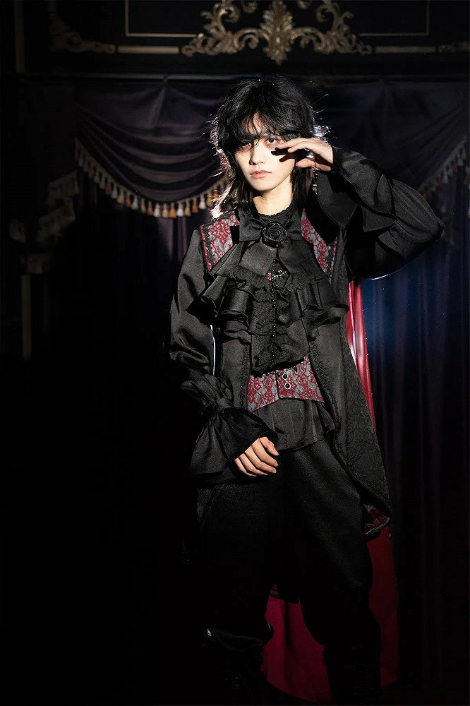 Clearance-Black and Red Prince Outfit Ouji Lolita Full Set -Size M for Bust 98CM Black Long Sleeves Shirt + Waist 74CM Waistcoat + Waist 70-74CM Black Pants