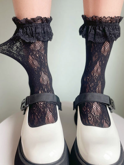White/Yellow/Black Ruffled Lace Cuff Lolita Socks