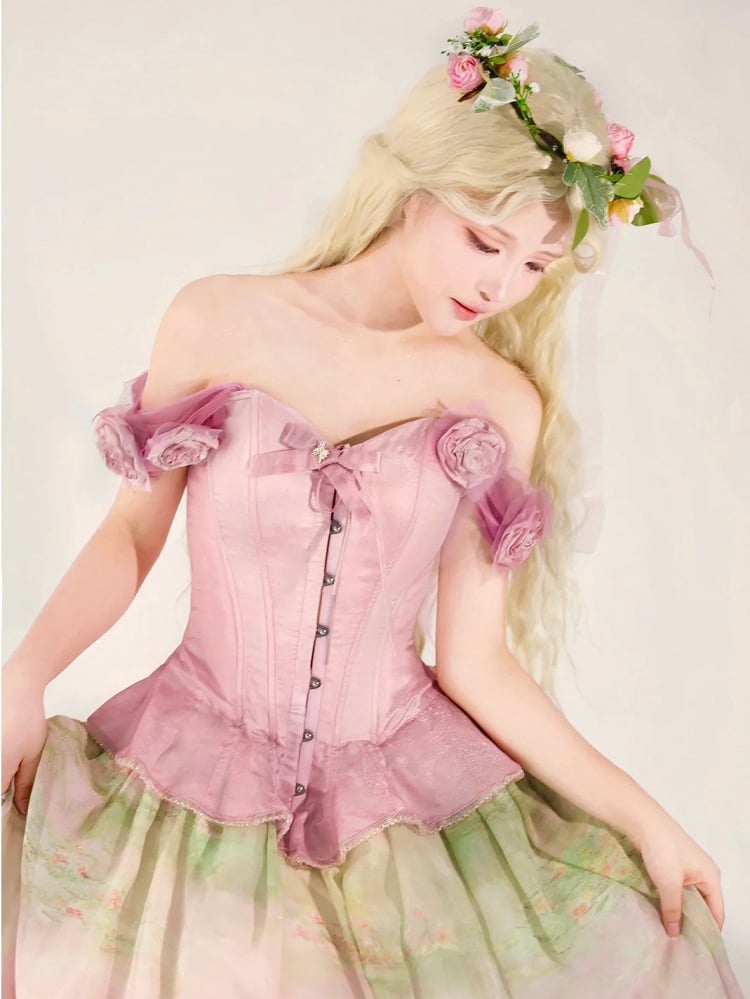 Pink Flounce Hem Boned Corset Top with Detachable Floral Adornments