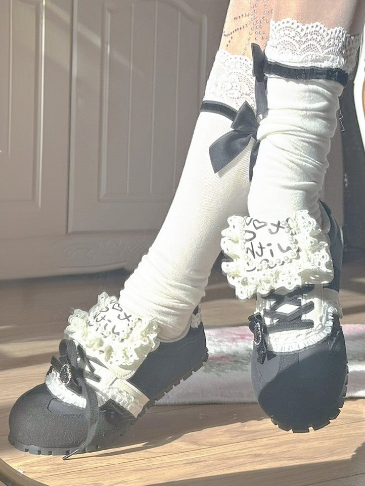 Bead Details Bow Accents Black and White Sneakers