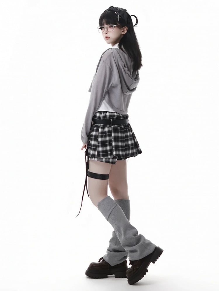 Y2K Lace-up Detail Black & White/ Khaki Plaid Skort with Buckle Belt and Chain