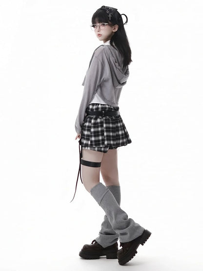 Y2K Lace-up Detail Black & White/ Khaki Plaid Skort with Buckle Belt and Chain